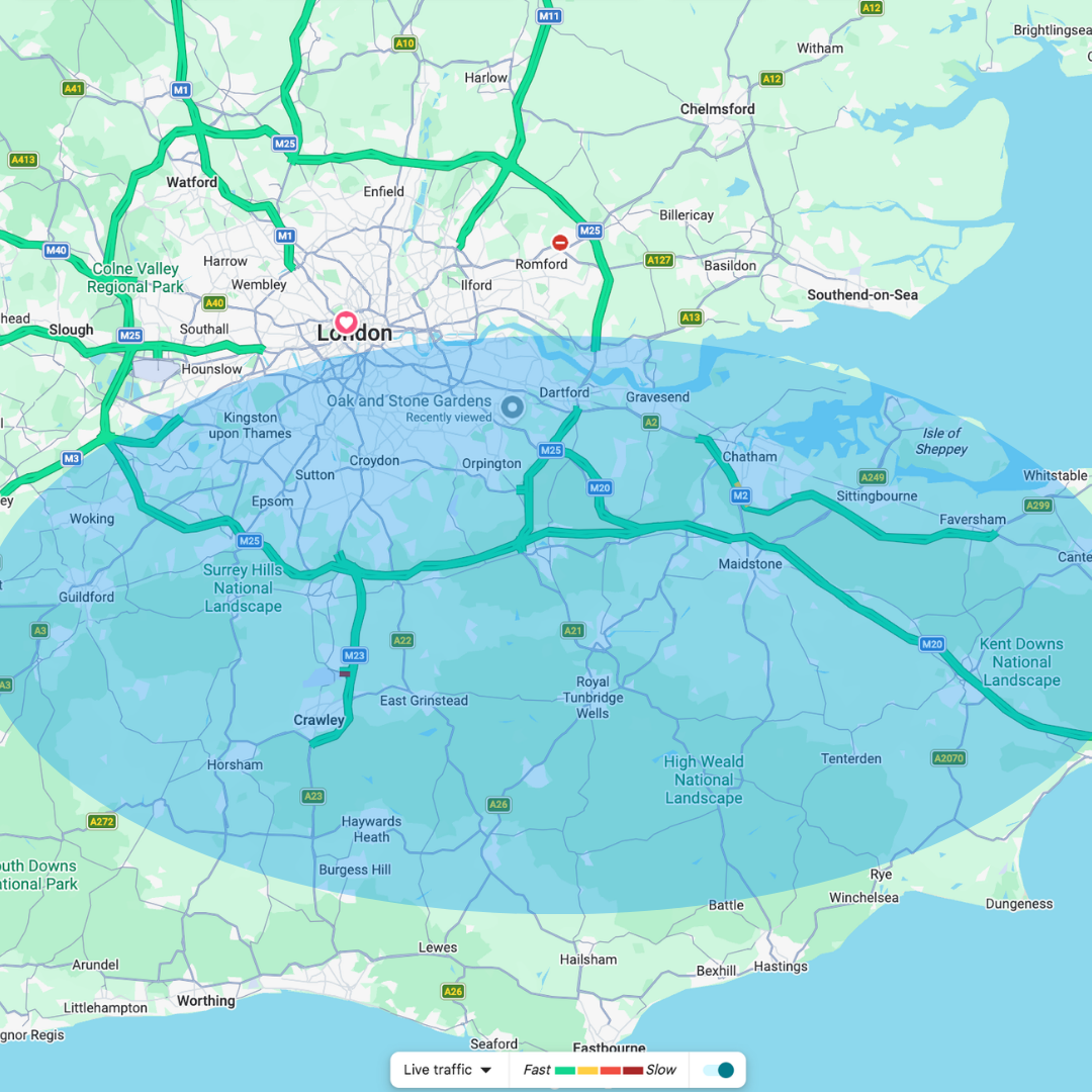 Map showing The Spray Studio coverage area across Kent, South East London, Surrey and Sussex